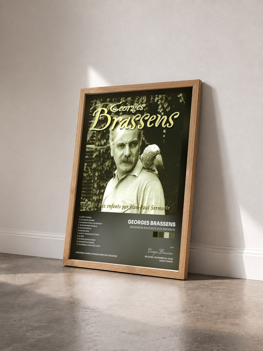 #bois Tableau de l'album Brassens Raconte Aux Enfants de Georges Brassens vu de trois quarts, cadre en bois brut