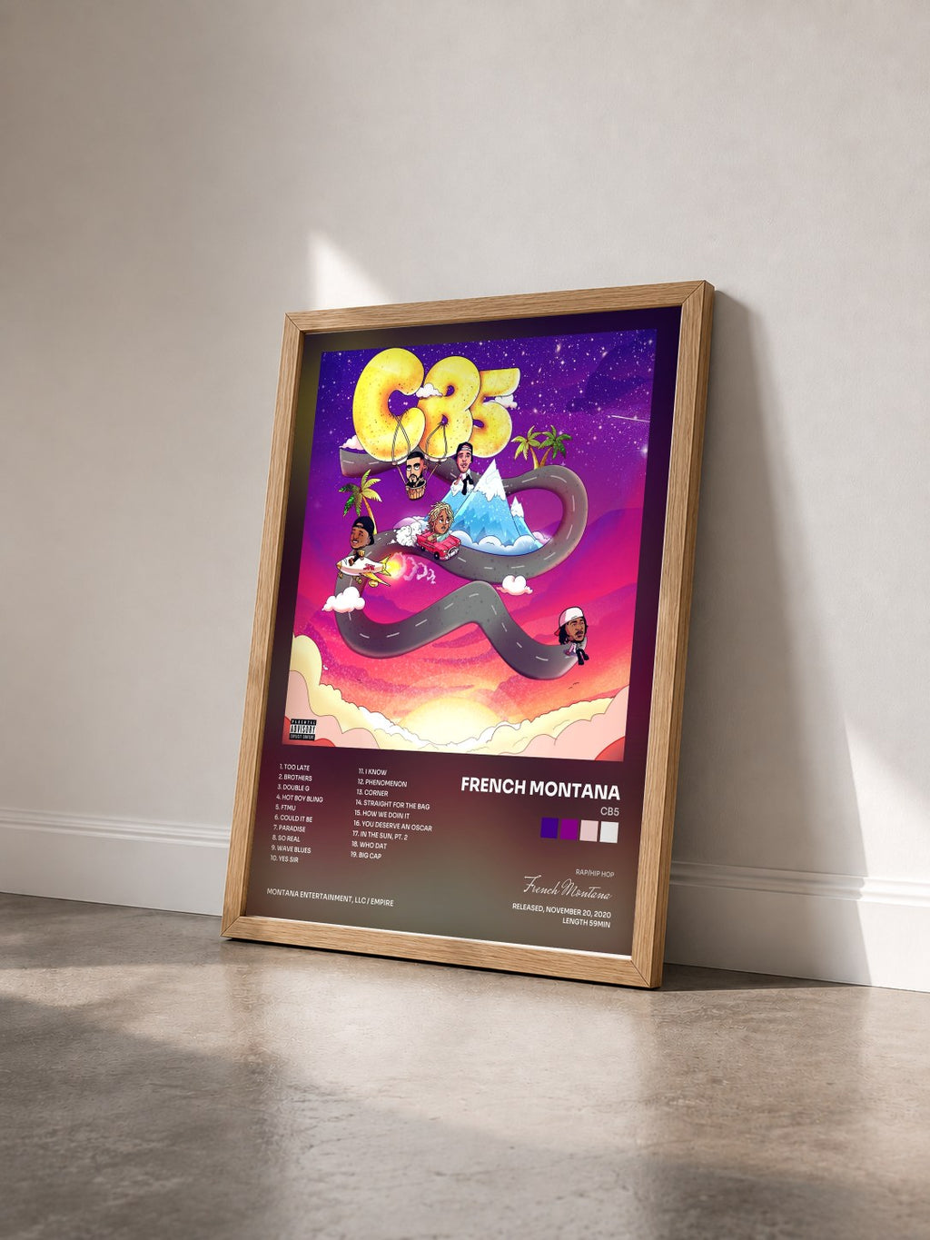 #bois Tableau de l'album CB5 de French Montana vu de trois quarts, cadre en bois brut