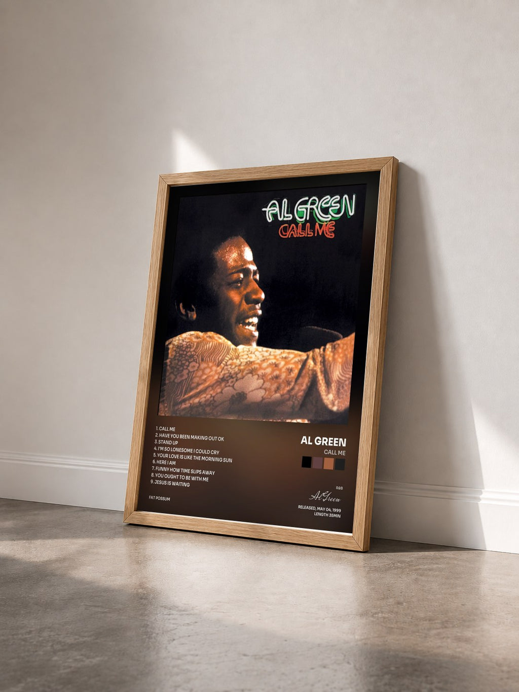 #bois Tableau de l'album Call Me de Al Green vu de trois quarts, cadre en bois brut