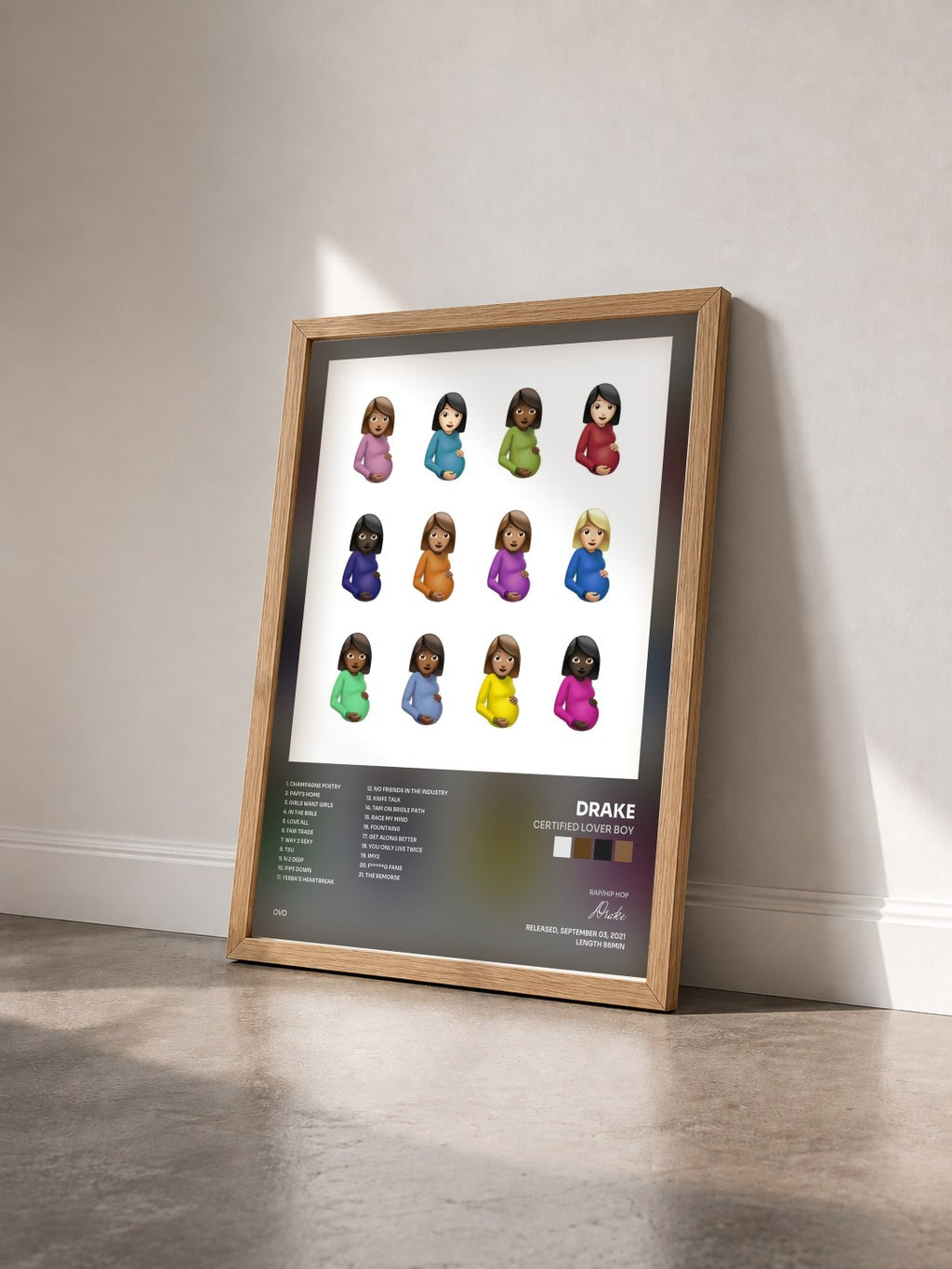 #bois Tableau de l'album Certified Lover Boy de Drake vu de trois quarts, cadre en bois brut