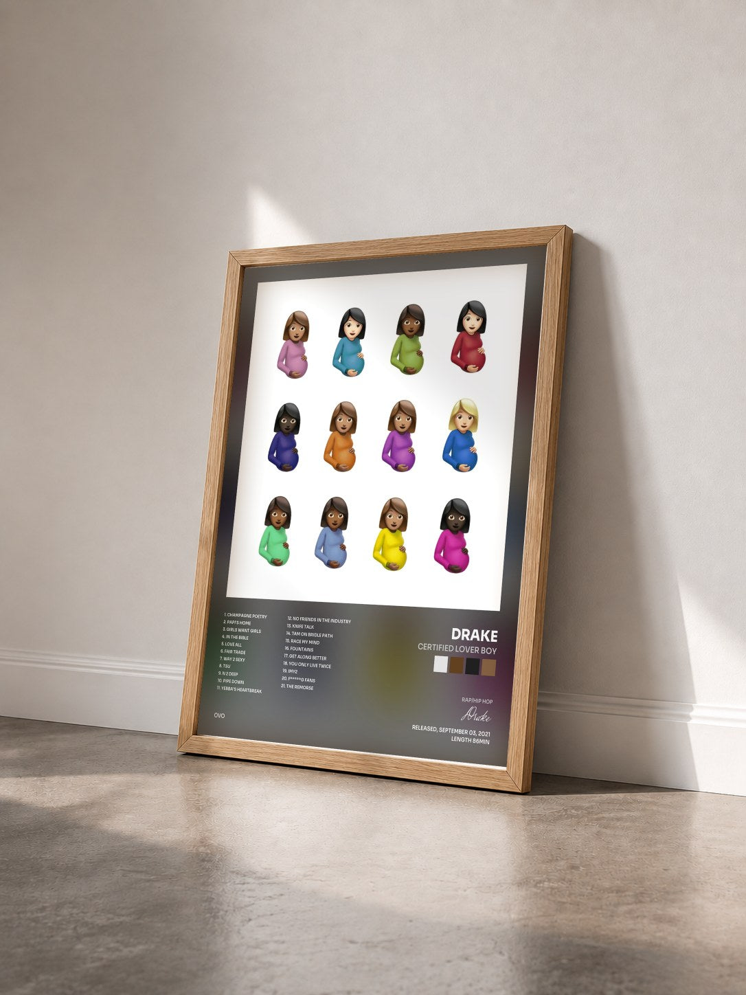 #bois Tableau de l'album Certified Lover Boy de Drake vu de trois quarts, cadre en bois brut