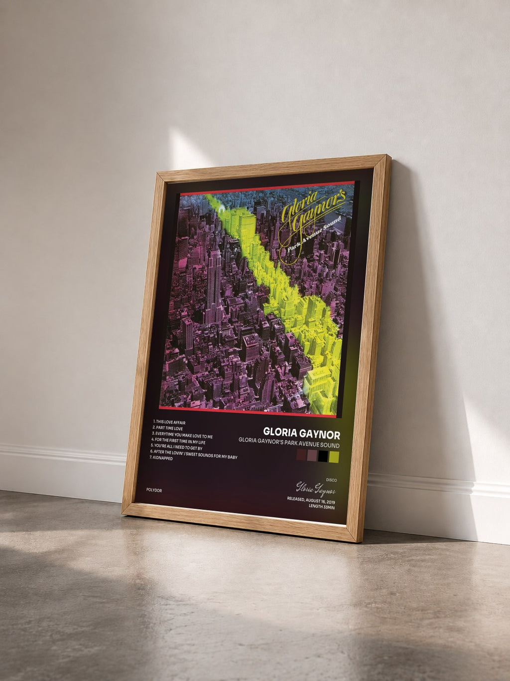 #bois Tableau de l'album Gloria Gaynor's Park Avenue Sound de Gloria Gaynor vu de trois quarts, cadre en bois brut