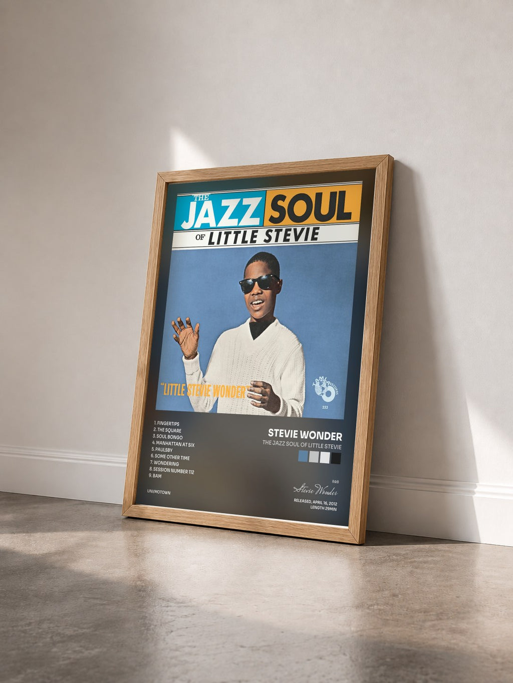#bois Tableau de l'album The Jazz Soul Of Little Stevie de Stevie Wonder vu de trois quarts, cadre en bois brut