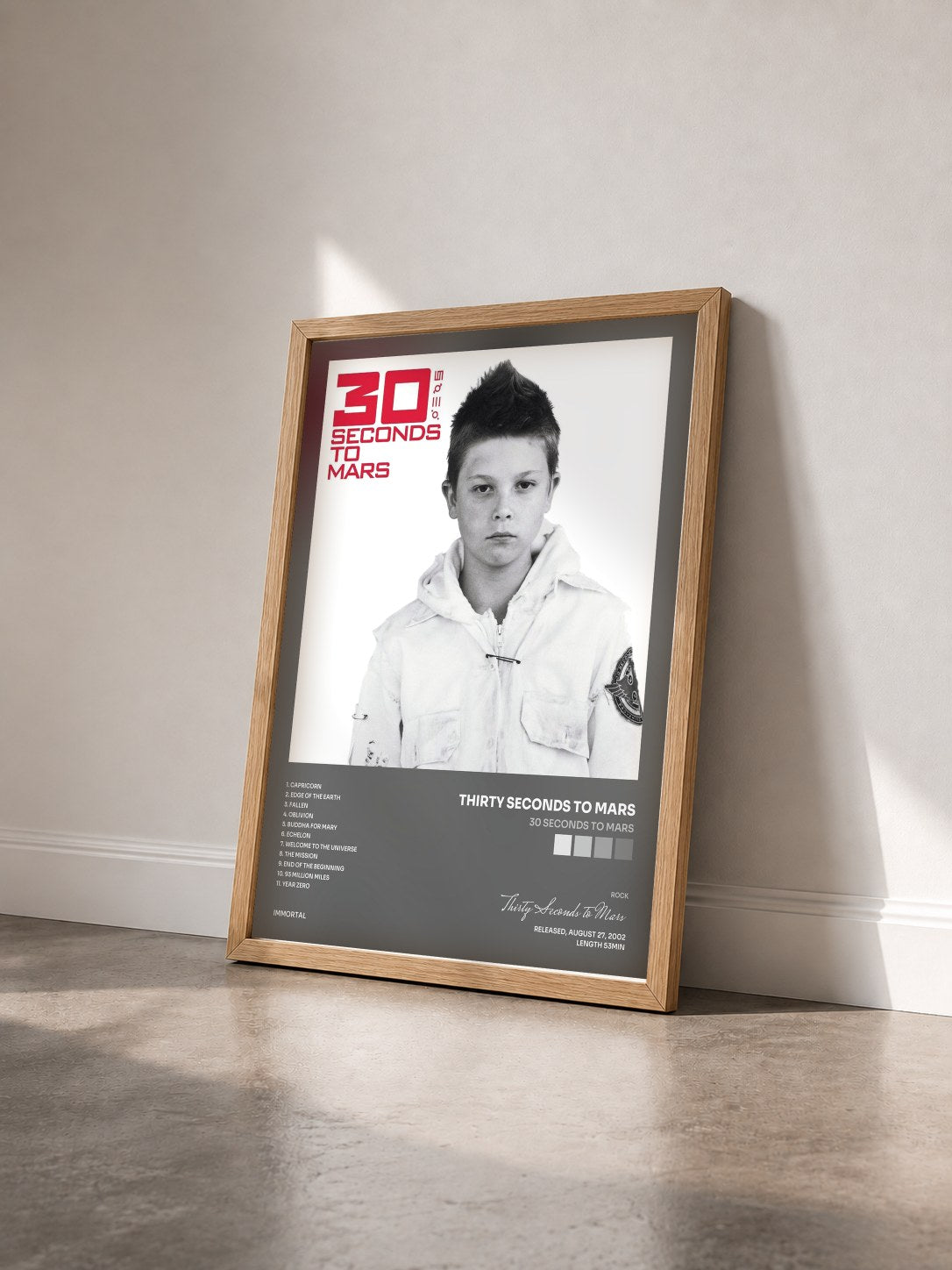 #bois Tableau de l'album 30 Seconds To Mars de Thirty Seconds to Mars vu de trois quarts, cadre en bois brut
