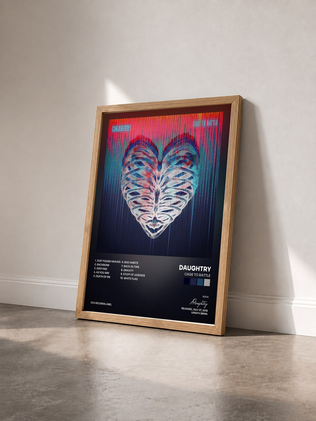 #bois Tableau de l'album Cage To Rattle de Daughtry vu de trois quarts, cadre en bois brut