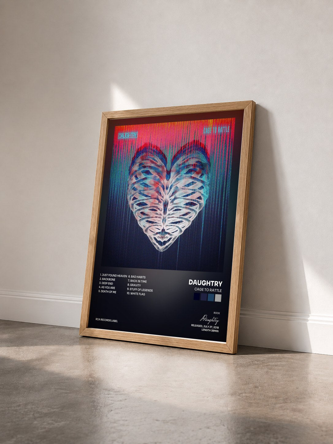 #bois Tableau de l'album Cage To Rattle de Daughtry vu de trois quarts, cadre en bois brut