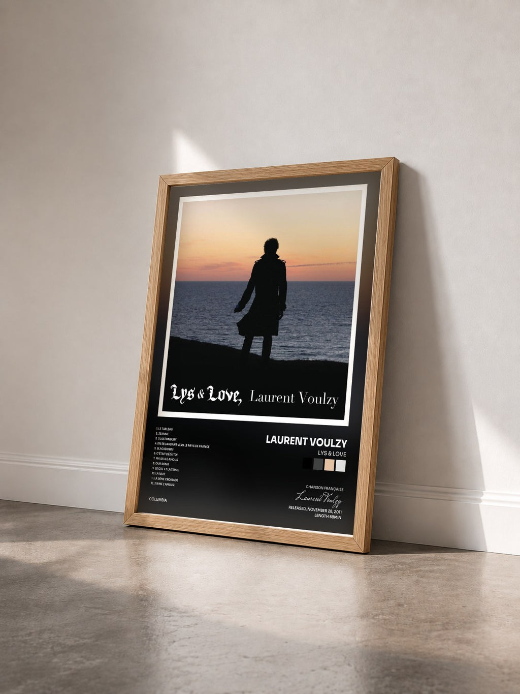 #bois Tableau de l'album Lys & Love de Laurent Voulzy vu de trois quarts, cadre en bois brut