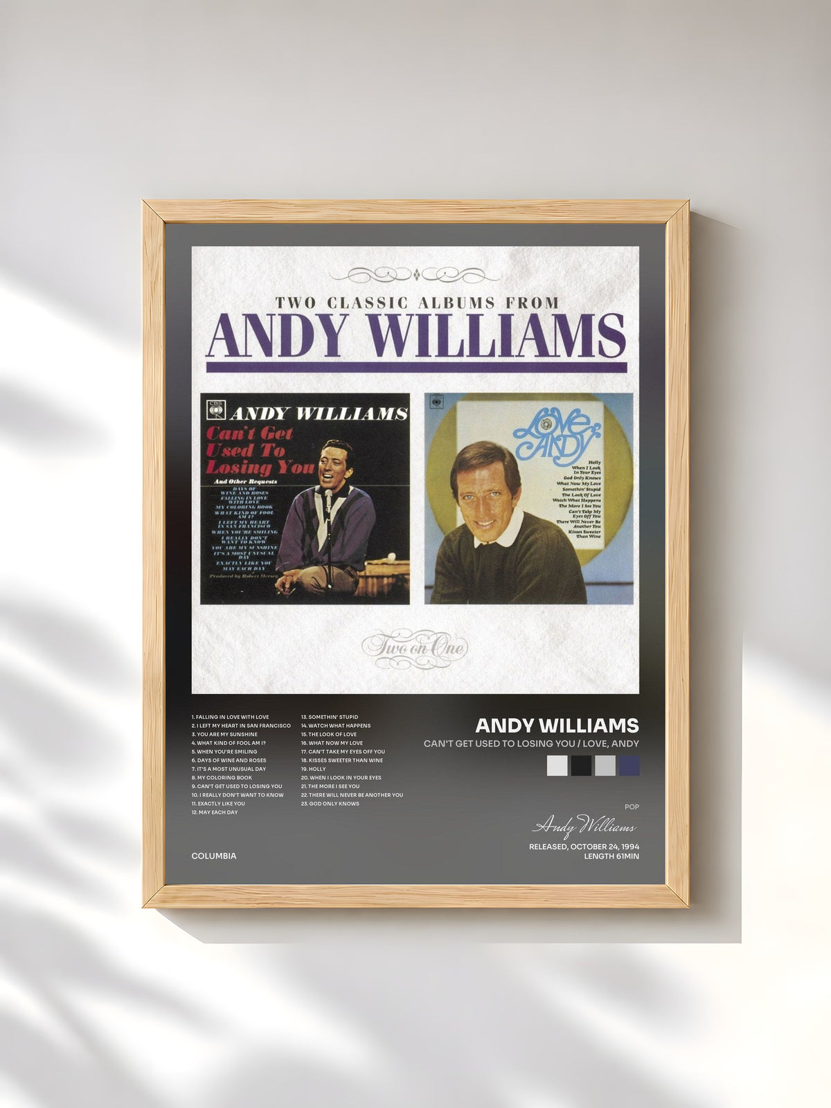 #bois Tableau de l'album Can't Get Used To Losing You / Love, Andy de Andy Williams, cadre en bois brut, imprimé et encadré en France