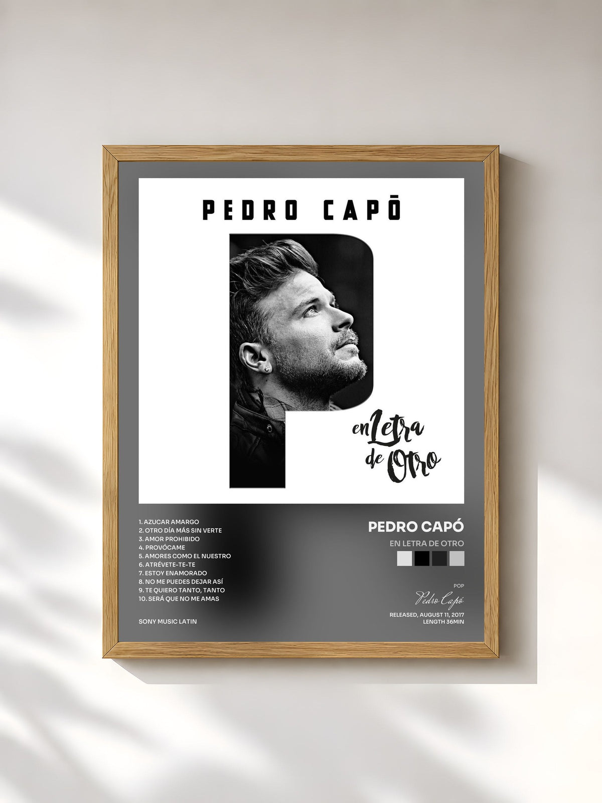 #bois Tableau de l'album En Letra de Otro de Pedro Capó, cadre en bois brut, imprimé et encadré en France