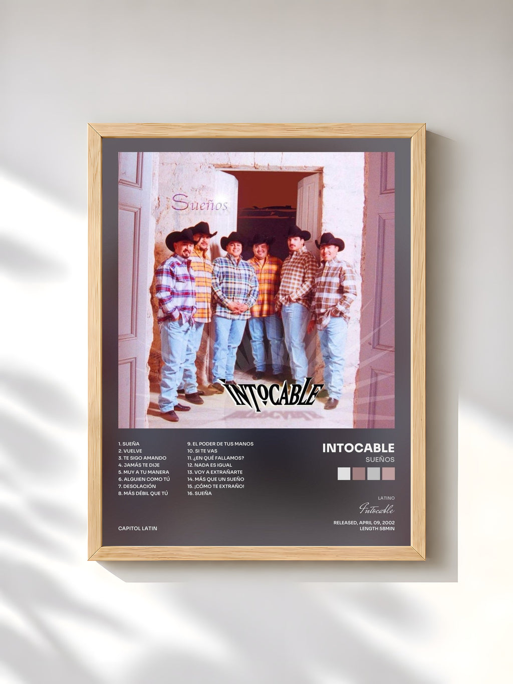 #bois Tableau de l'album Sueños de Intocable, cadre en bois brut, imprimé et encadré en France