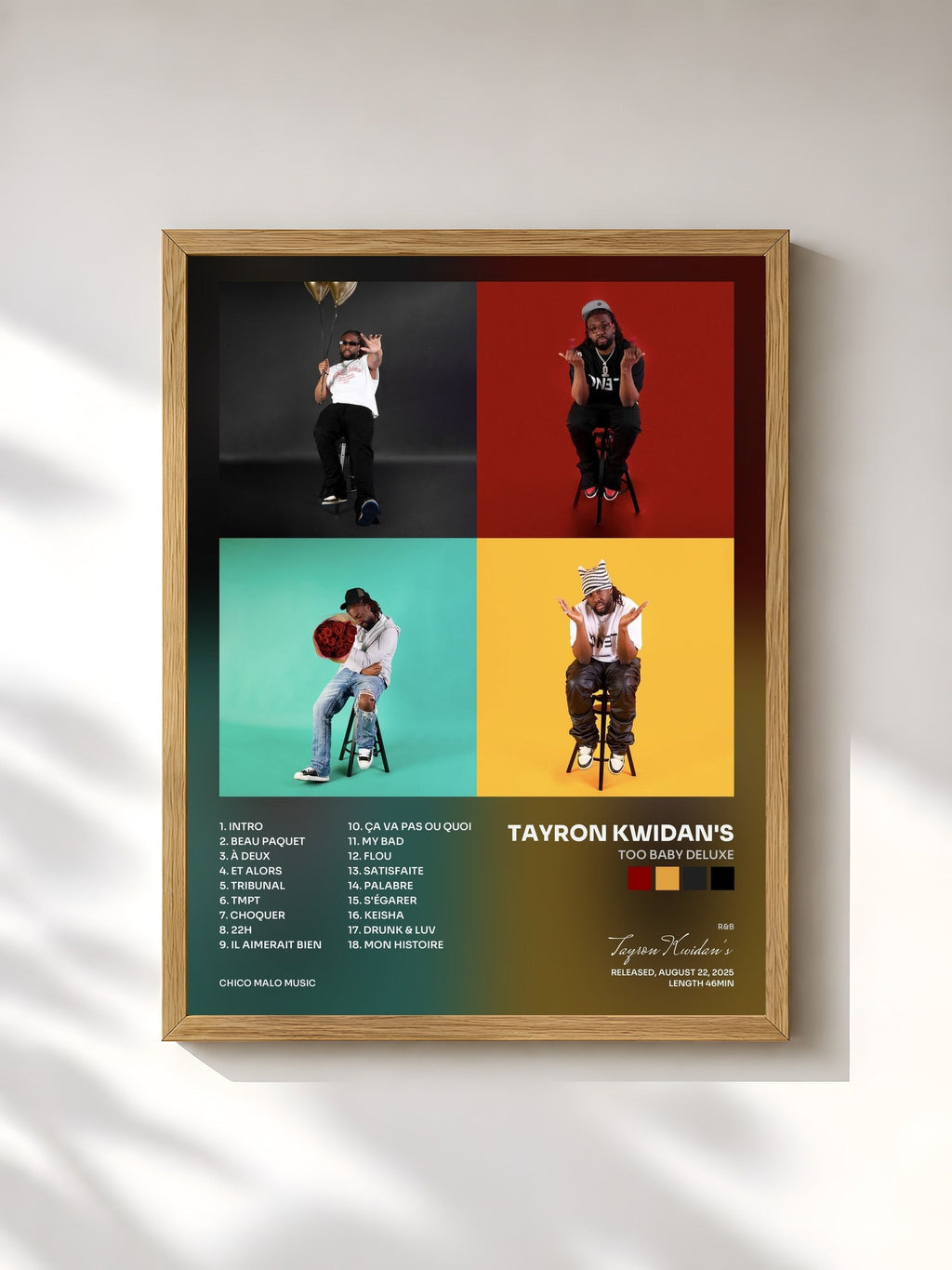 #bois Tableau de l'album TOO BABY DELUXE de Tayron Kwidan's, cadre en bois brut, imprimé et encadré en France