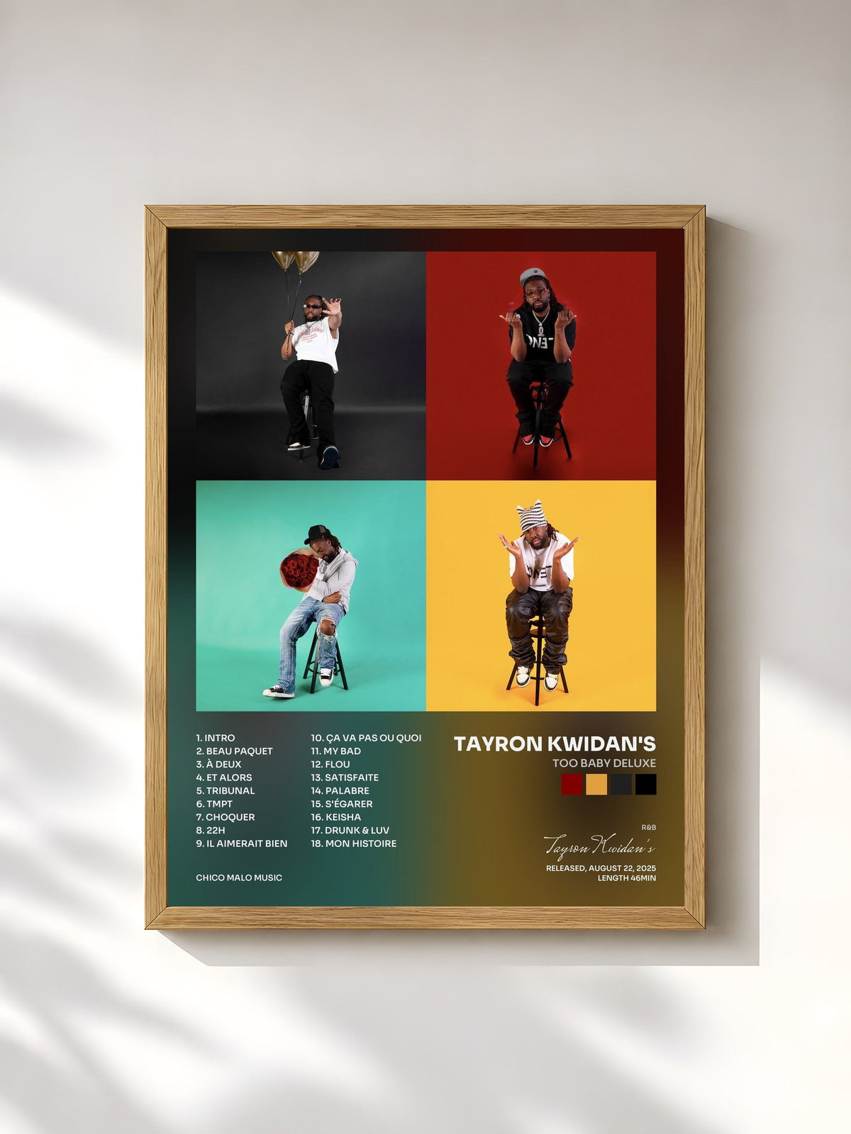 #bois Tableau de l'album TOO BABY DELUXE de Tayron Kwidan's, cadre en bois brut, imprimé et encadré en France