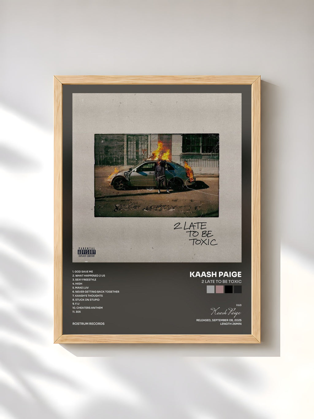#bois Tableau de l'album 2 Late To Be Toxic de Kaash Paige, cadre en bois brut, imprimé et encadré en France