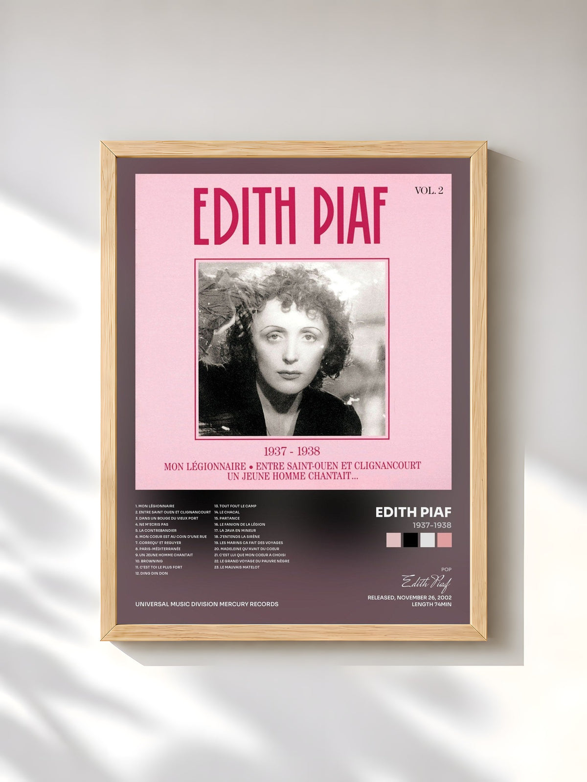#bois Tableau de l'album 1937-1938 de Edith Piaf, cadre en bois brut, imprimé et encadré en France