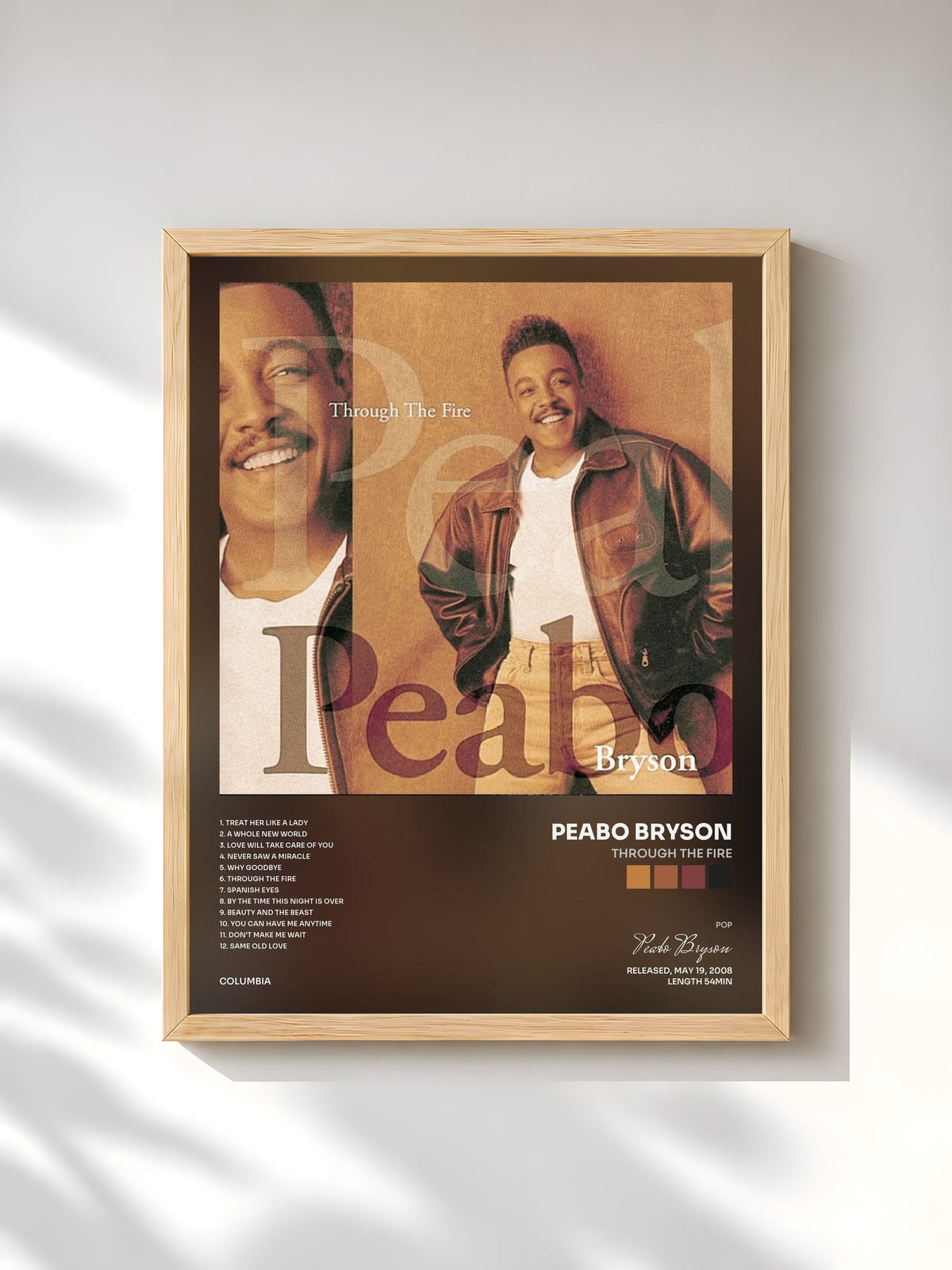 #bois Tableau de l'album Through The Fire de Peabo Bryson, cadre en bois brut, imprimé et encadré en France