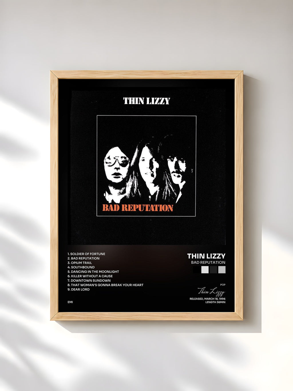 #bois Tableau de l'album Bad Reputation de Thin Lizzy, cadre en bois brut, imprimé et encadré en France