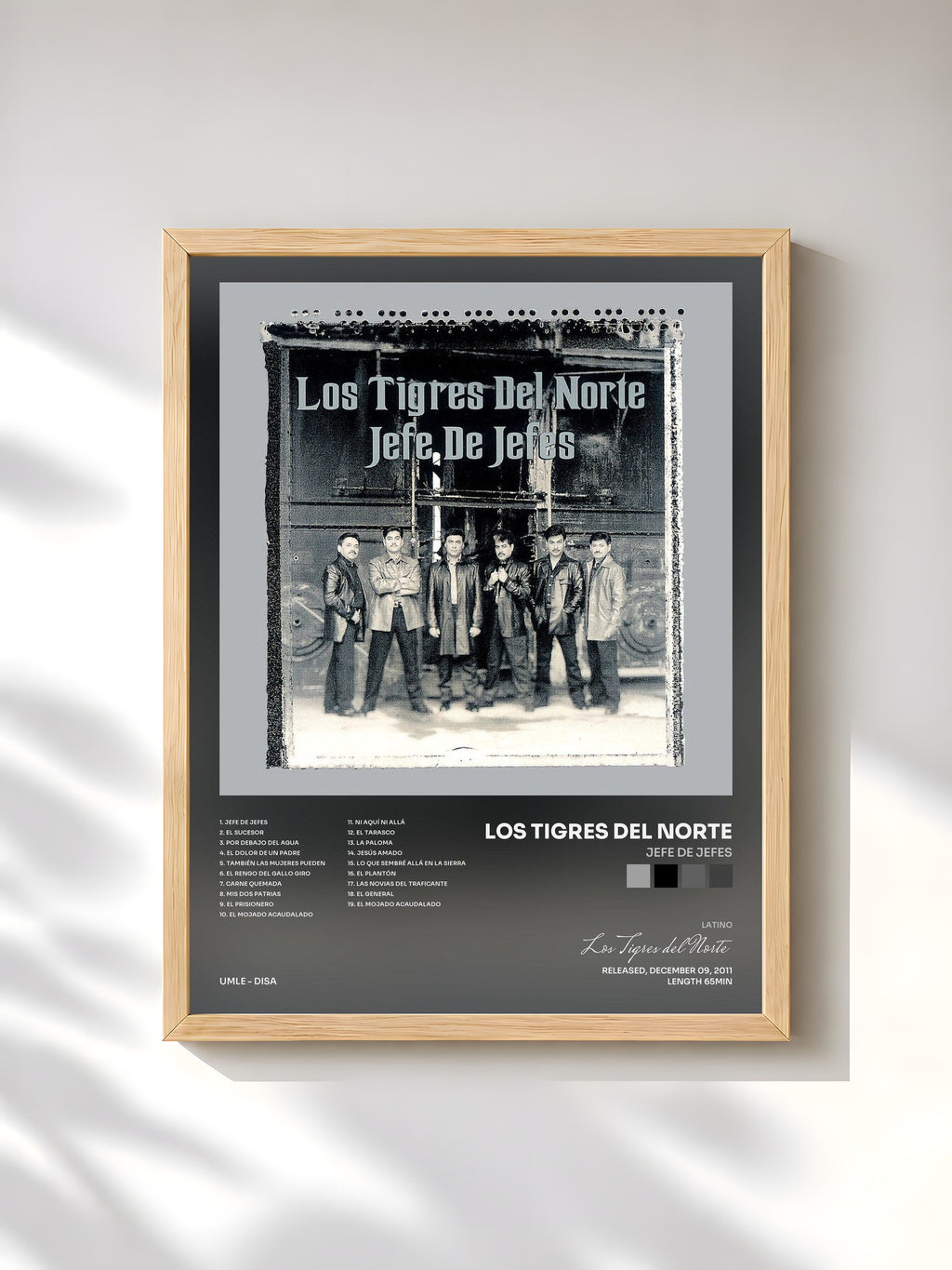 #bois Tableau de l'album Jefe De Jefes de Los Tigres del Norte, cadre en bois brut, imprimé et encadré en France