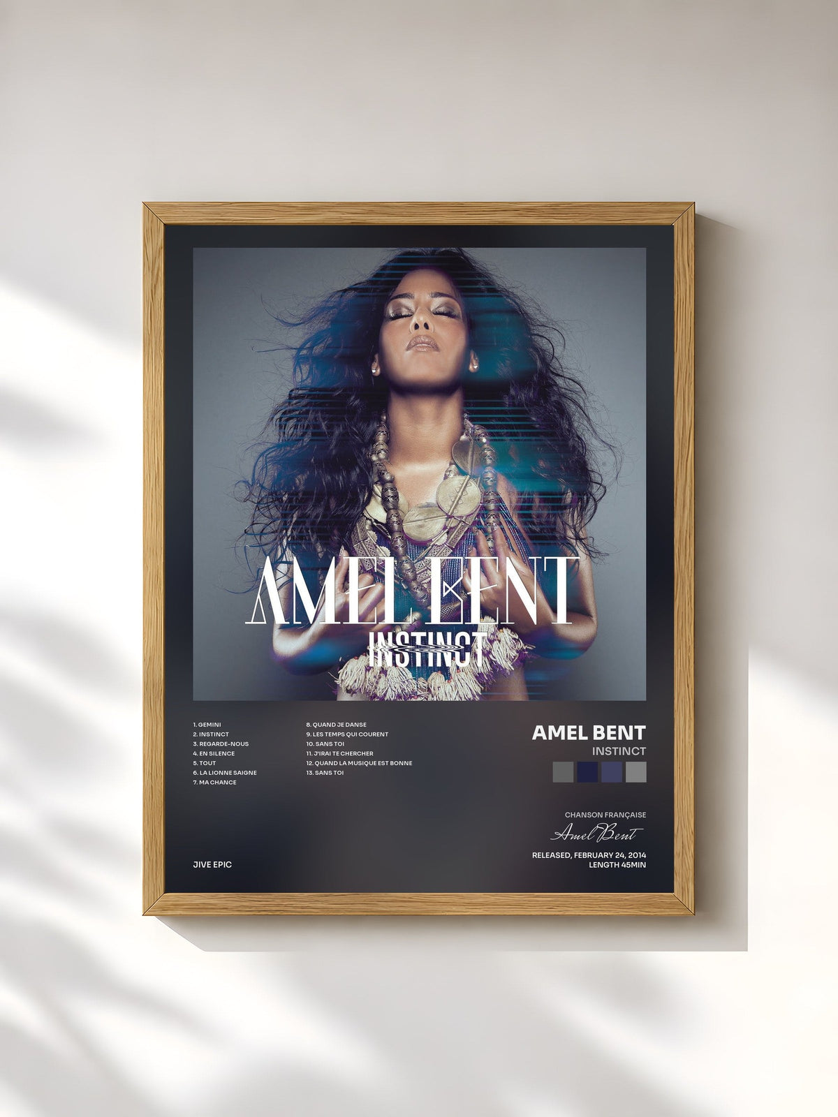 #bois Tableau de l'album Instinct de Amel Bent, cadre en bois brut, imprimé et encadré en France