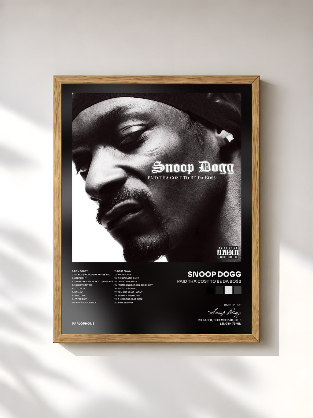 #bois Tableau de l'album Paid Tha Cost To Be Da Bo$$ de Snoop Dogg, cadre en bois brut, imprimé et encadré en France