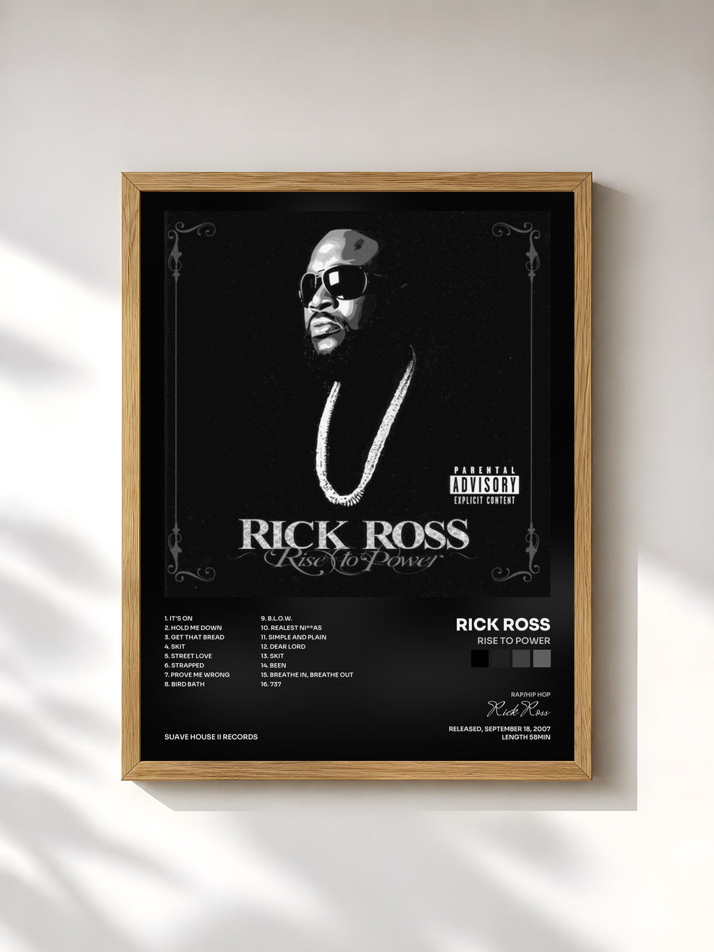 #bois Tableau de l'album Rise To Power de Rick Ross, cadre en bois brut, imprimé et encadré en France