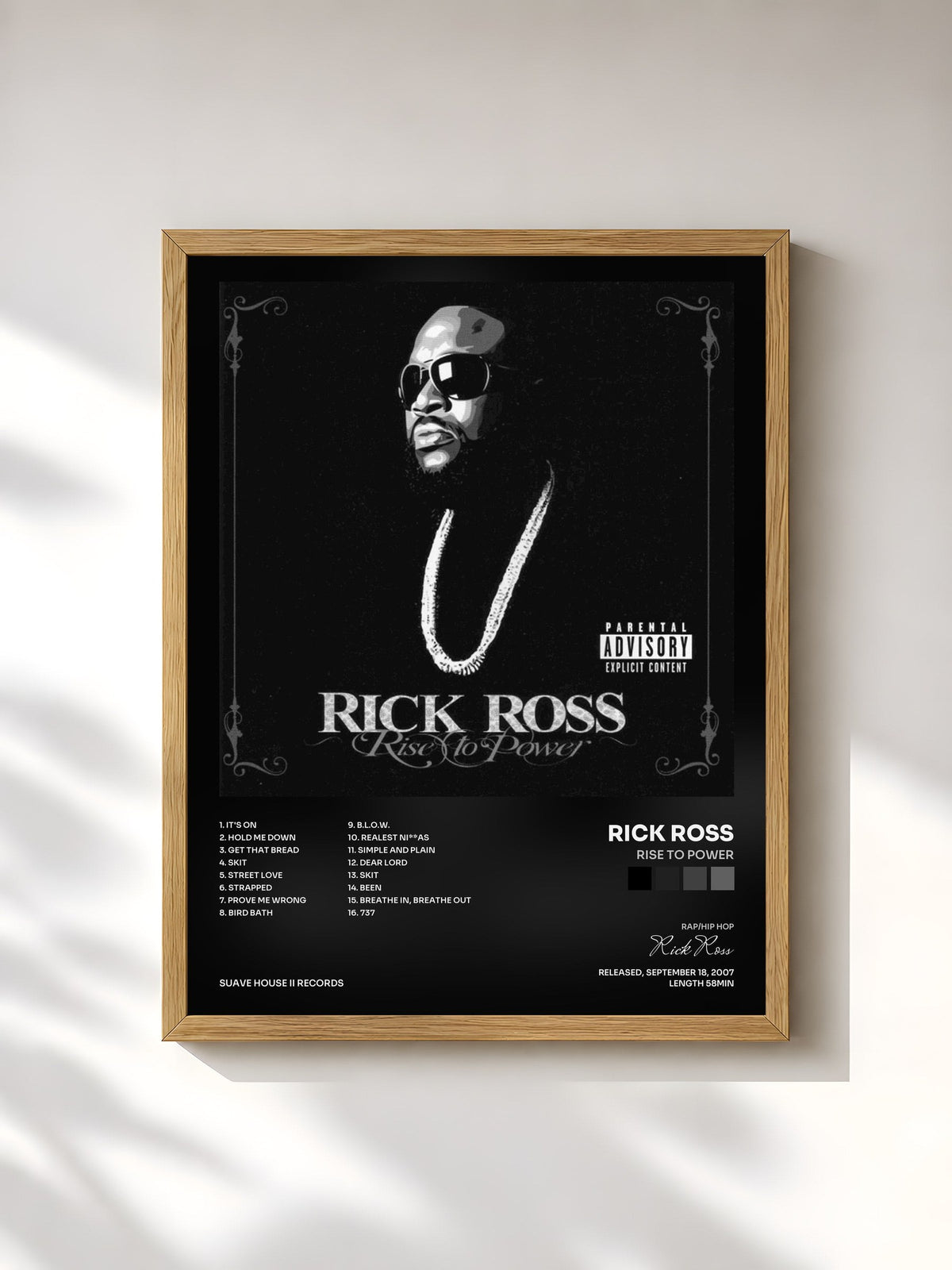 #bois Tableau de l'album Rise To Power de Rick Ross, cadre en bois brut, imprimé et encadré en France