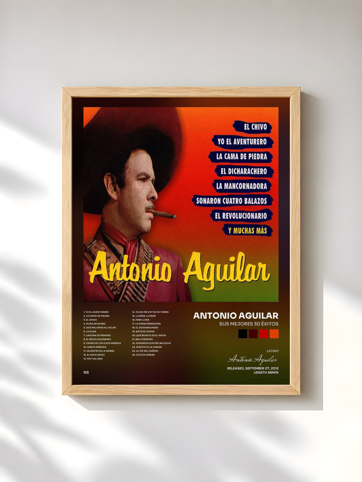 #bois Tableau de l'album Sus Mejores 30 Éxitos de Antonio Aguilar, cadre en bois brut, imprimé et encadré en France