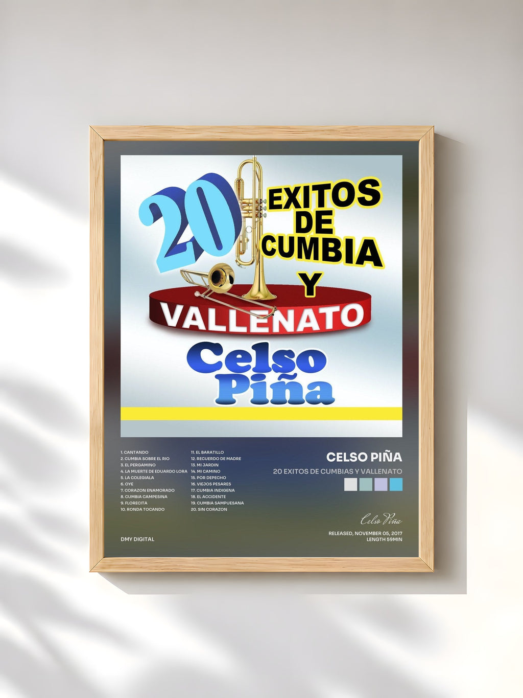 #bois Tableau de l'album 20 Exitos De Cumbias Y Vallenato de Celso Piña, cadre en bois brut, imprimé et encadré en France