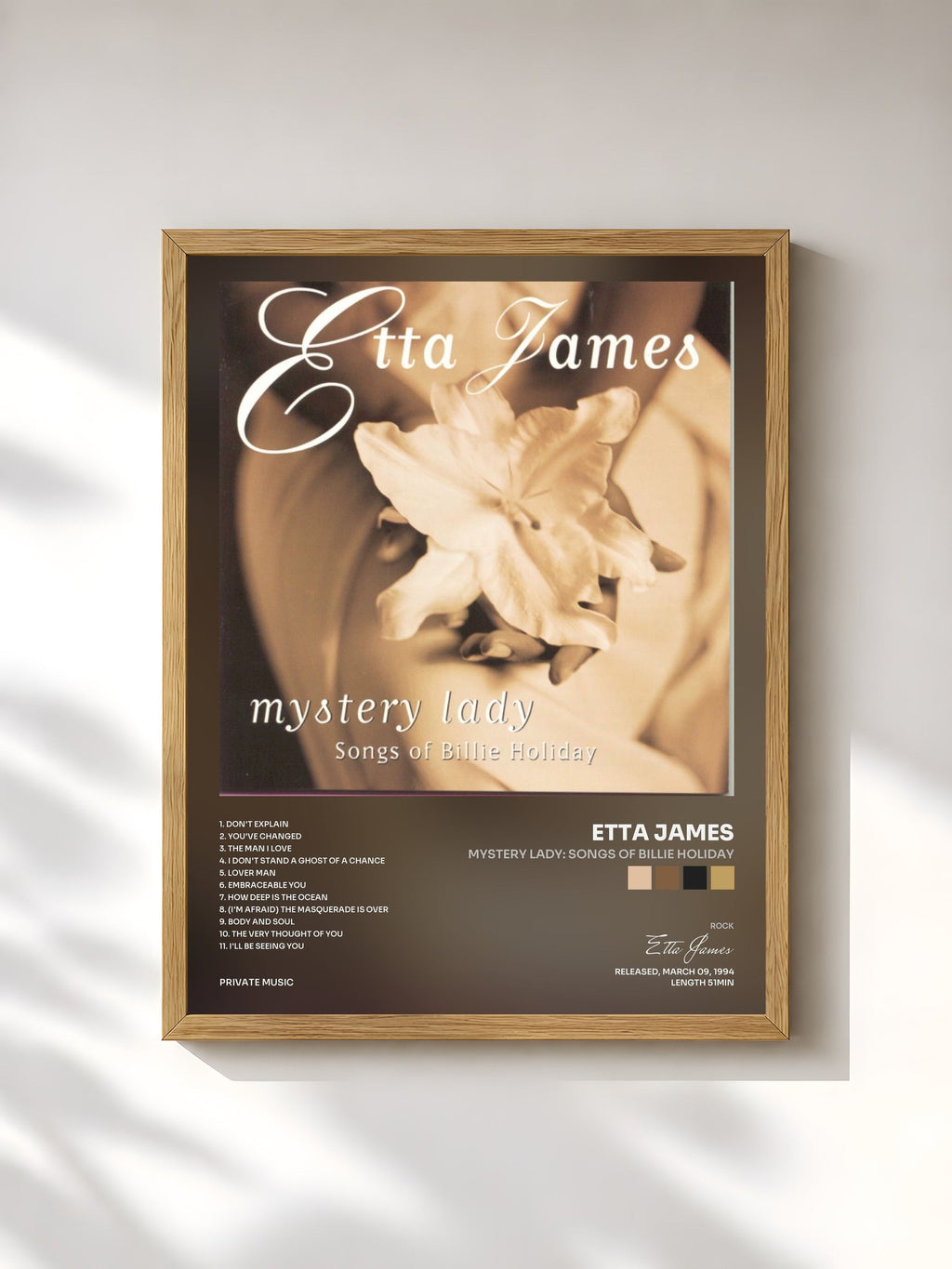 #bois Tableau de l'album Mystery Lady: Songs of Billie Holiday de Etta James, cadre en bois brut, imprimé et encadré en France