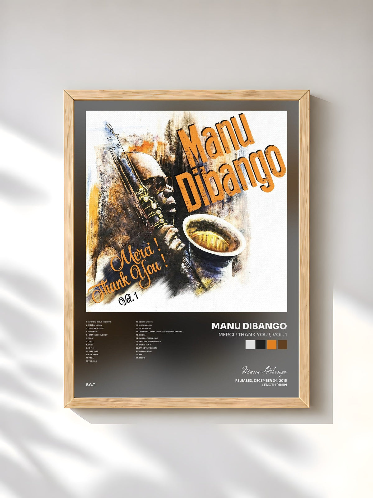 #bois Tableau de l'album Merci ! Thank You !, Vol. 1 de Manu Dibango, cadre en bois brut, imprimé et encadré en France