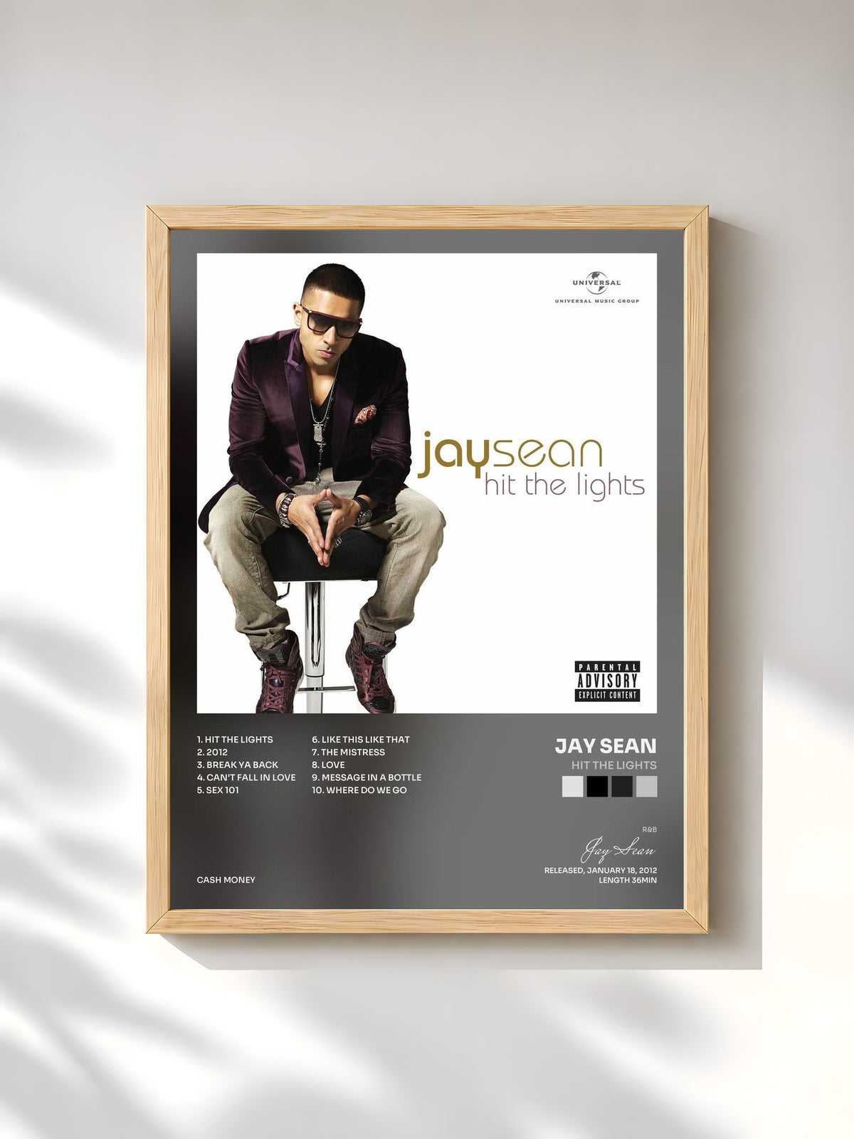 #bois Tableau de l'album Hit The Lights de Jay Sean, cadre en bois brut, imprimé et encadré en France