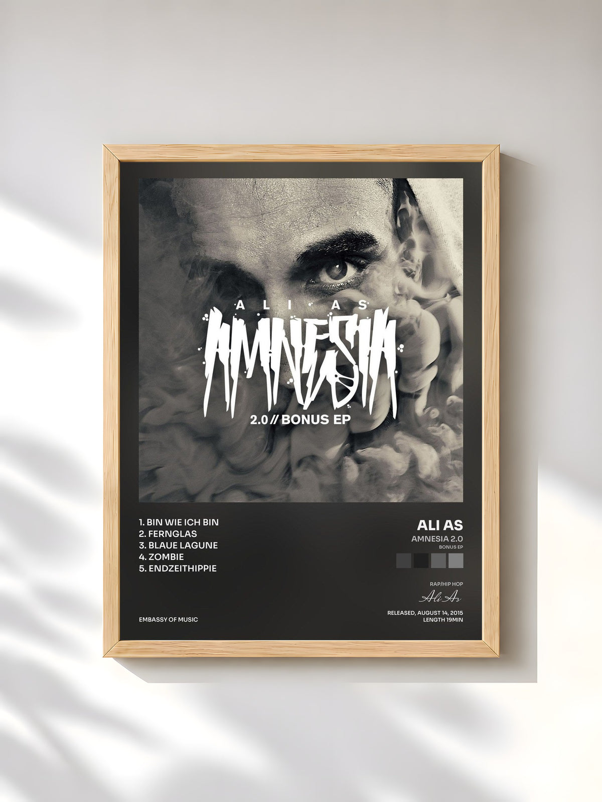 #bois Tableau de l'album Amnesia 2.0 (Bonus EP) de Ali As, cadre en bois brut, imprimé et encadré en France