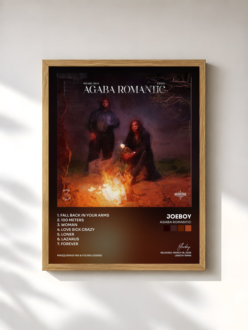 #bois Tableau de l'album Agaba Romantic de Joeboy, cadre en bois brut, imprimé et encadré en France