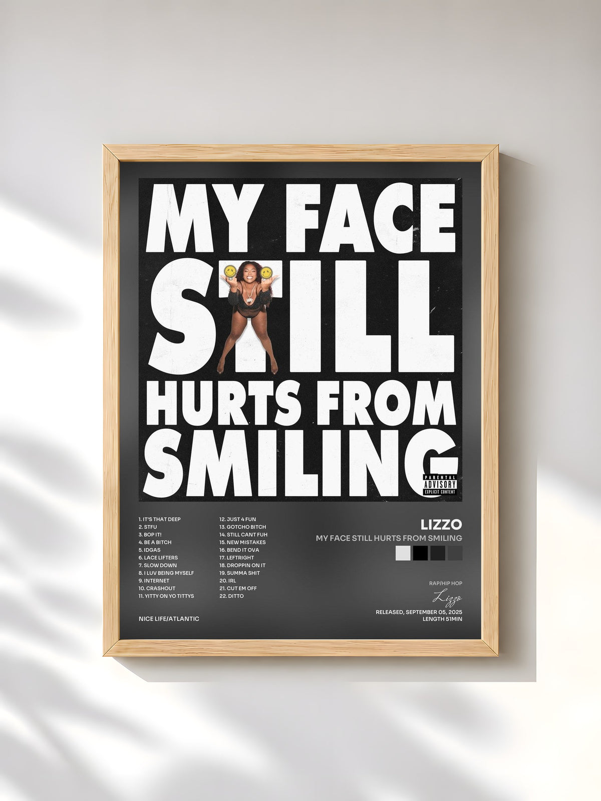 #bois Tableau de l'album MY FACE STILL HURTS FROM SMILING de Lizzo, cadre en bois brut, imprimé et encadré en France