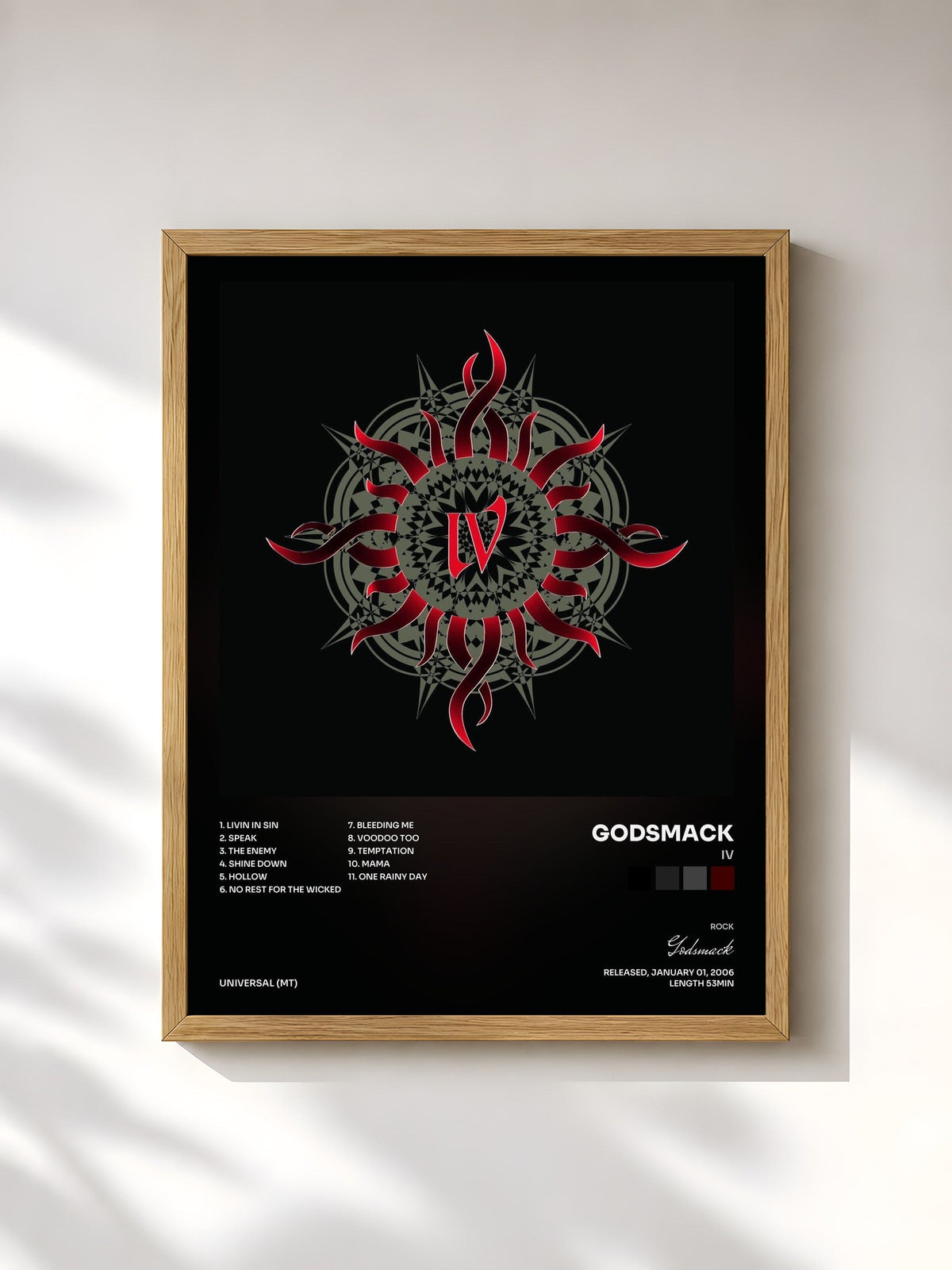 #bois Tableau de l'album IV de Godsmack, cadre en bois brut, imprimé et encadré en France