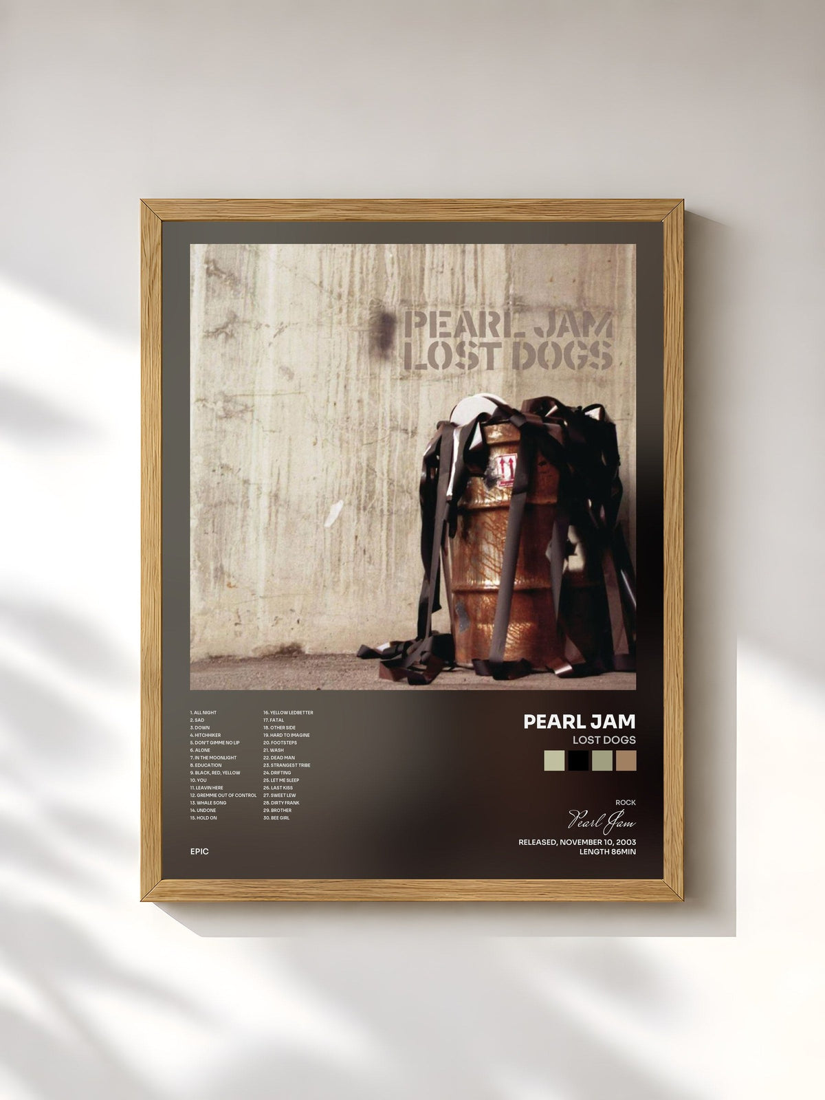 #bois Tableau de l'album Lost Dogs de Pearl Jam, cadre en bois brut, imprimé et encadré en France