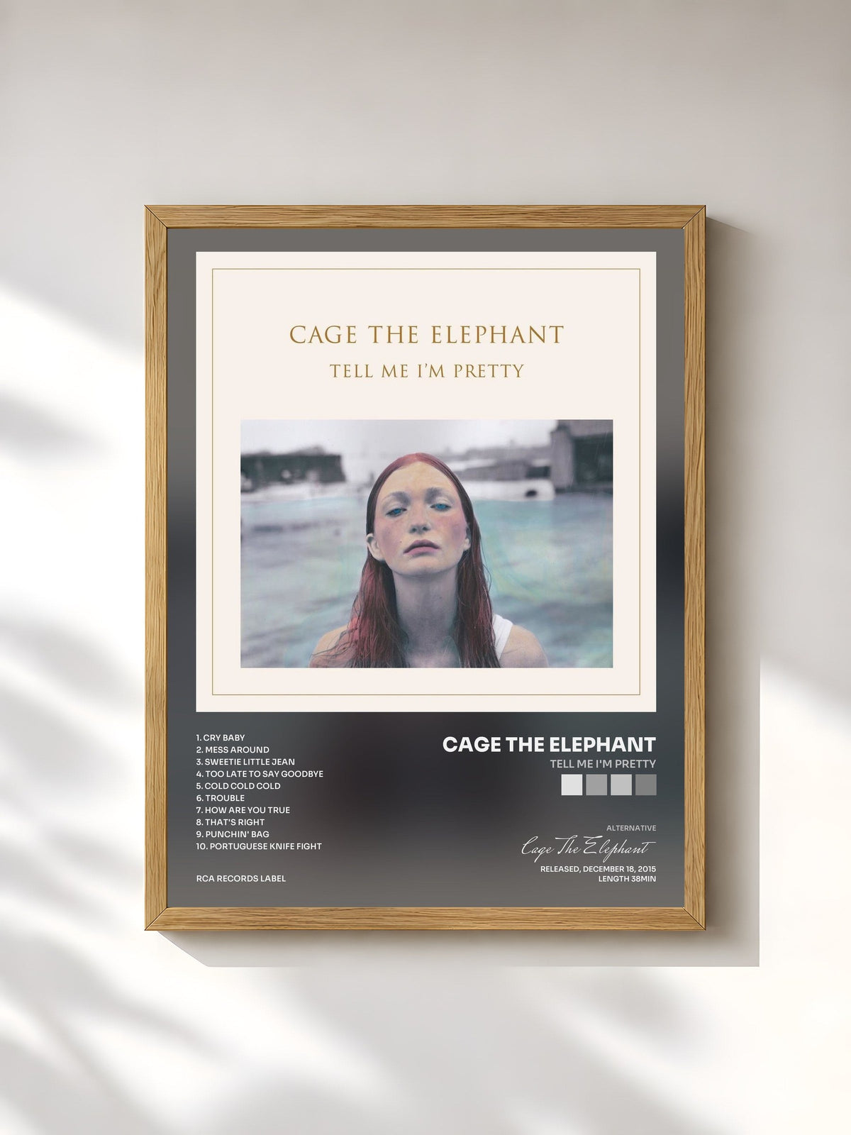 #bois Tableau de l'album Tell Me I'm Pretty de Cage The Elephant, cadre en bois brut, imprimé et encadré en France