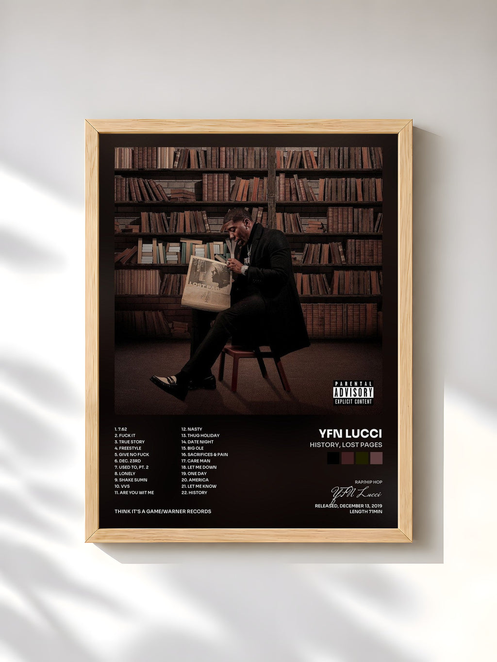 #bois Tableau de l'album HIStory, Lost Pages de YFN Lucci, cadre en bois brut, imprimé et encadré en France