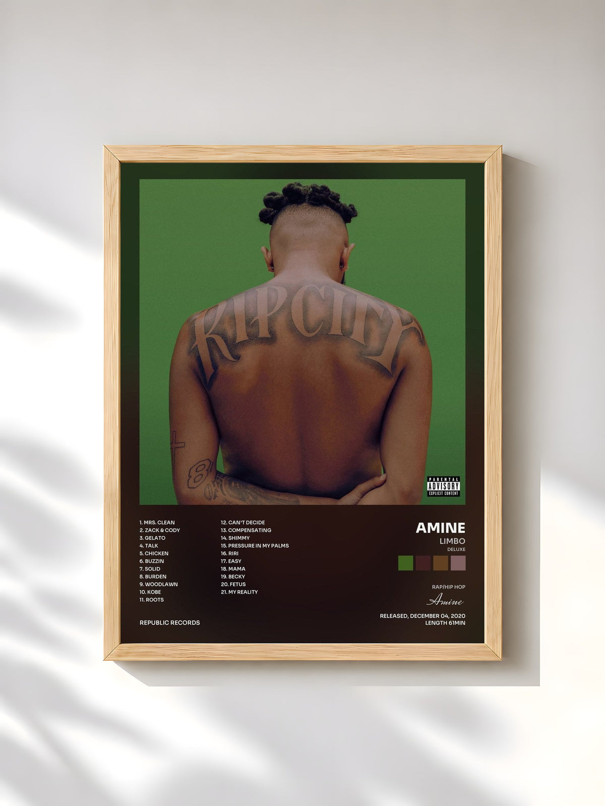 #bois Tableau de l'album Limbo (Deluxe) de Amine, cadre en bois brut, imprimé et encadré en France