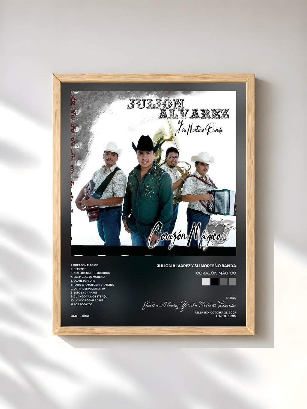 #bois Tableau de l'album Corazón Mágico de Julion Alvarez Y Su Norteño Banda, cadre en bois brut, imprimé et encadré en France