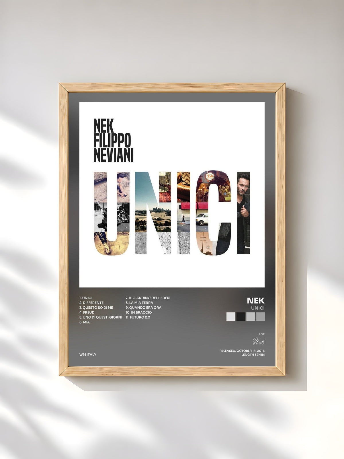 #bois Tableau de l'album Unici de Nek, cadre en bois brut, imprimé et encadré en France