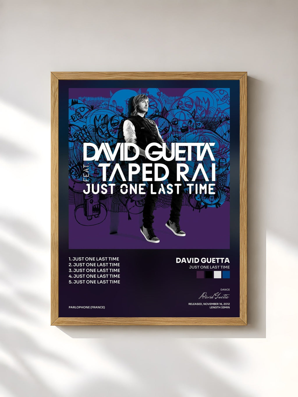 #bois Tableau de l'album Just One Last Time de David Guetta, cadre en bois brut, imprimé et encadré en France
