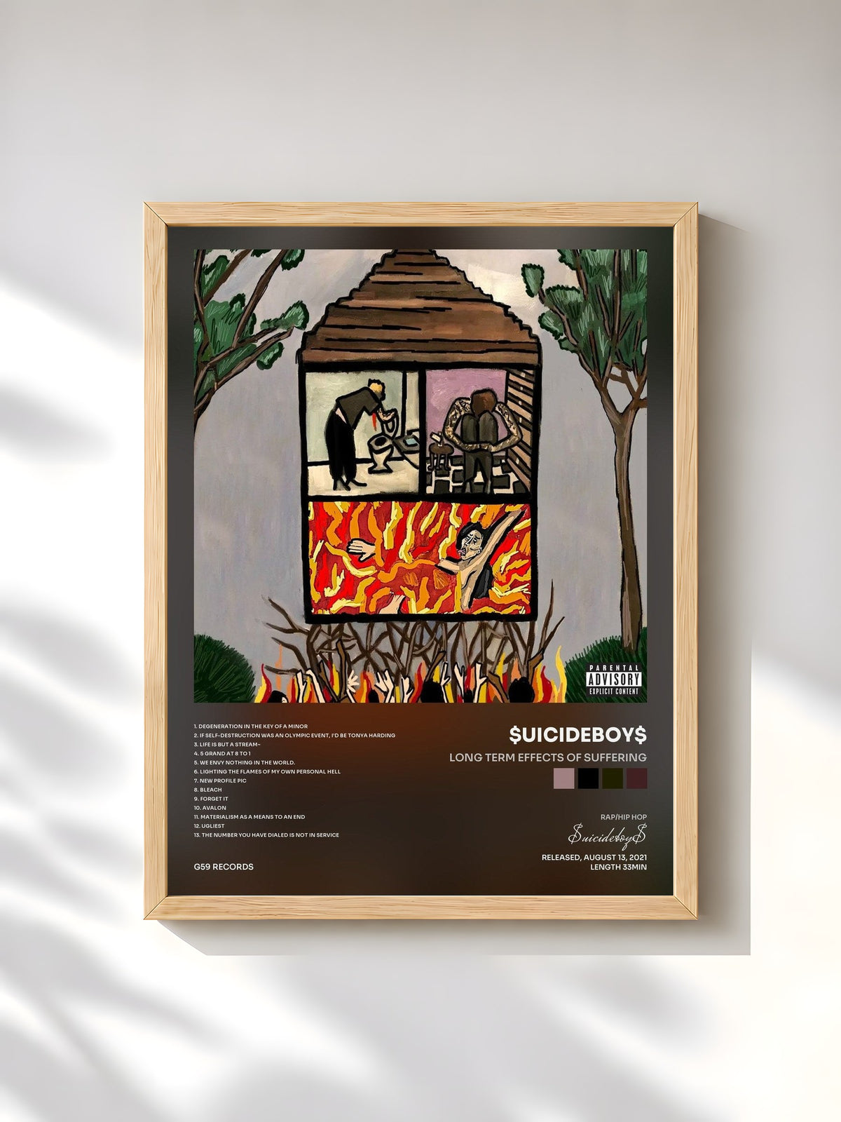 #bois Tableau de l'album Long Term Effects of SUFFERING de $uicideboy$, cadre en bois brut, imprimé et encadré en France