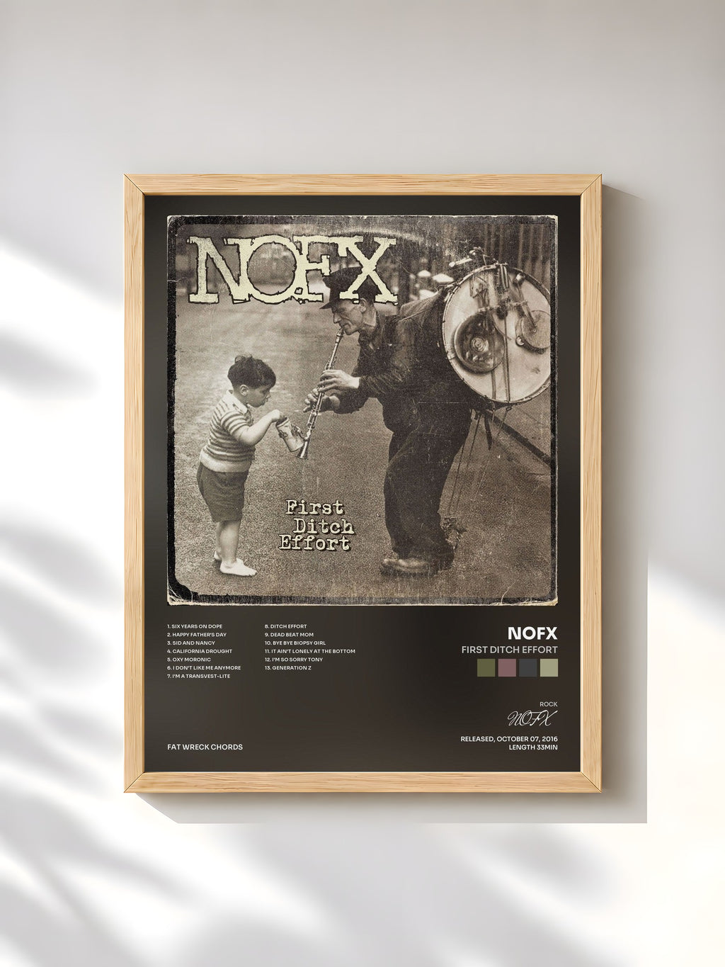 #bois Tableau de l'album First Ditch Effort de NOFX, cadre en bois brut, imprimé et encadré en France