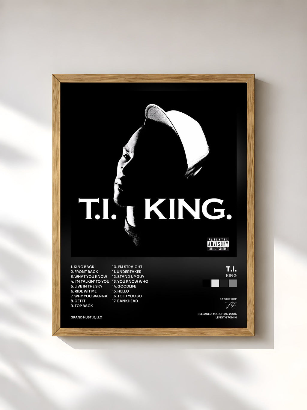#bois Tableau de l'album King de T.I., cadre en bois brut, imprimé et encadré en France