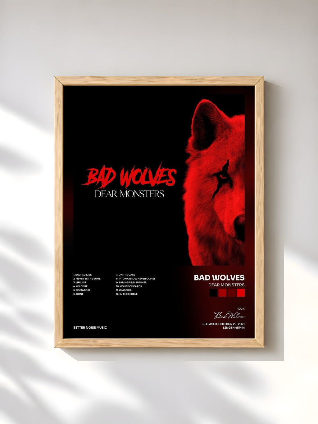 #bois Tableau de l'album Dear Monsters de Bad Wolves, cadre en bois brut, imprimé et encadré en France