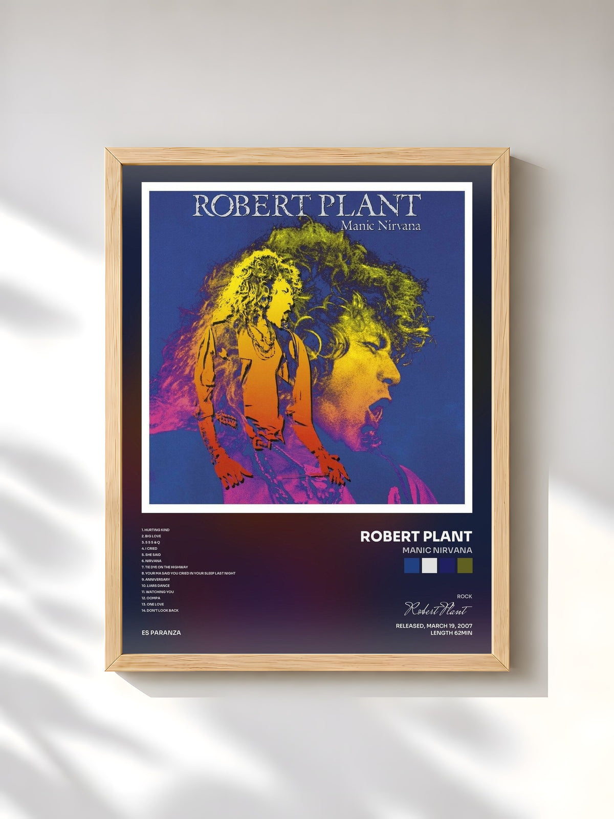 #bois Tableau de l'album Manic Nirvana de Robert Plant, cadre en bois brut, imprimé et encadré en France