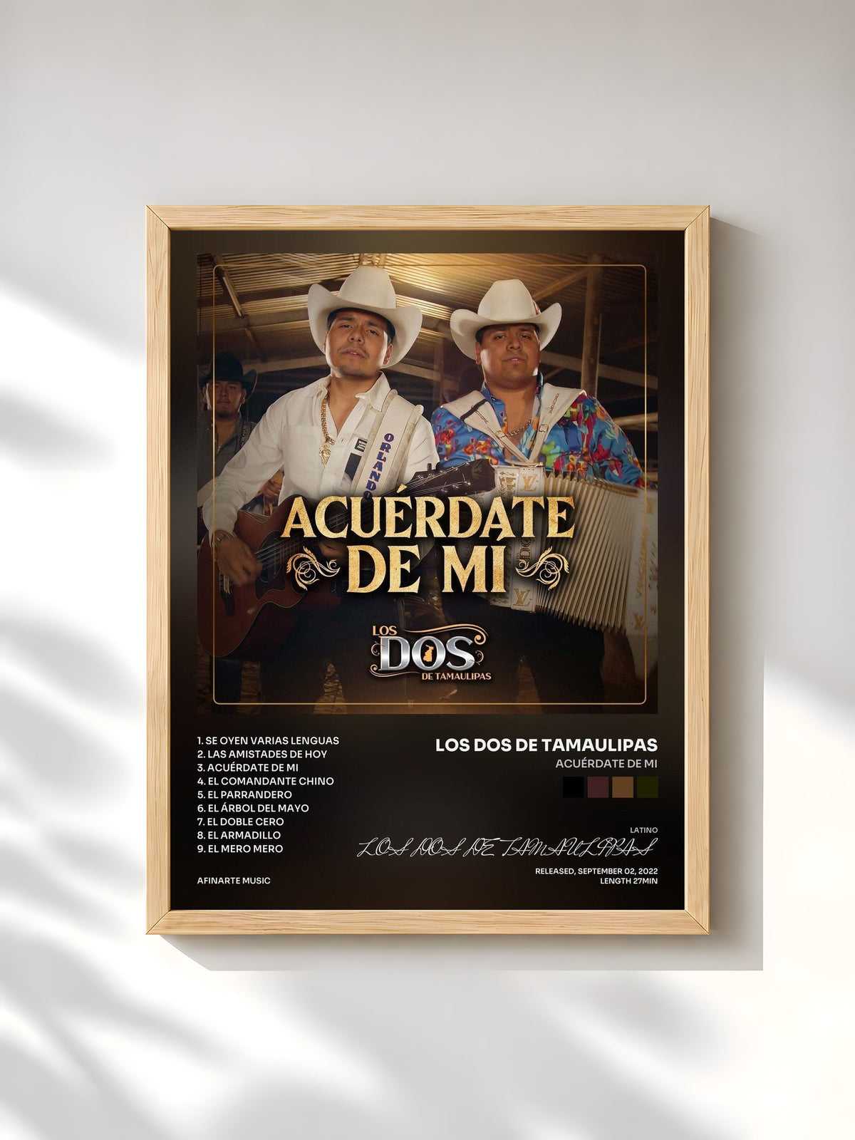 #bois Tableau de l'album Acuérdate de Mi de LOS DOS DE TAMAULIPAS, cadre en bois brut, imprimé et encadré en France