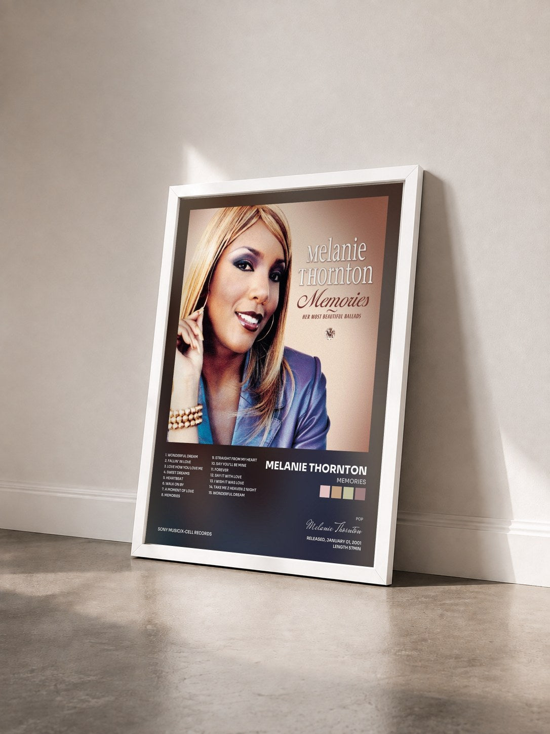 #blanc Tableau de l'album Memories de Melanie Thornton vu de trois quarts, cadre blanc