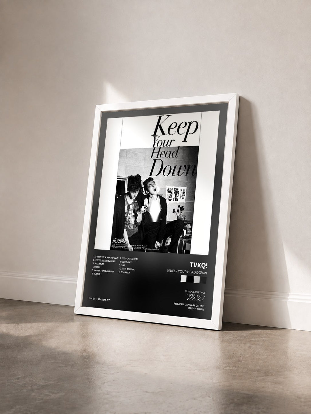 #blanc Tableau de l'album 왜 Keep Your Head Down de TVXQ! vu de trois quarts, cadre blanc