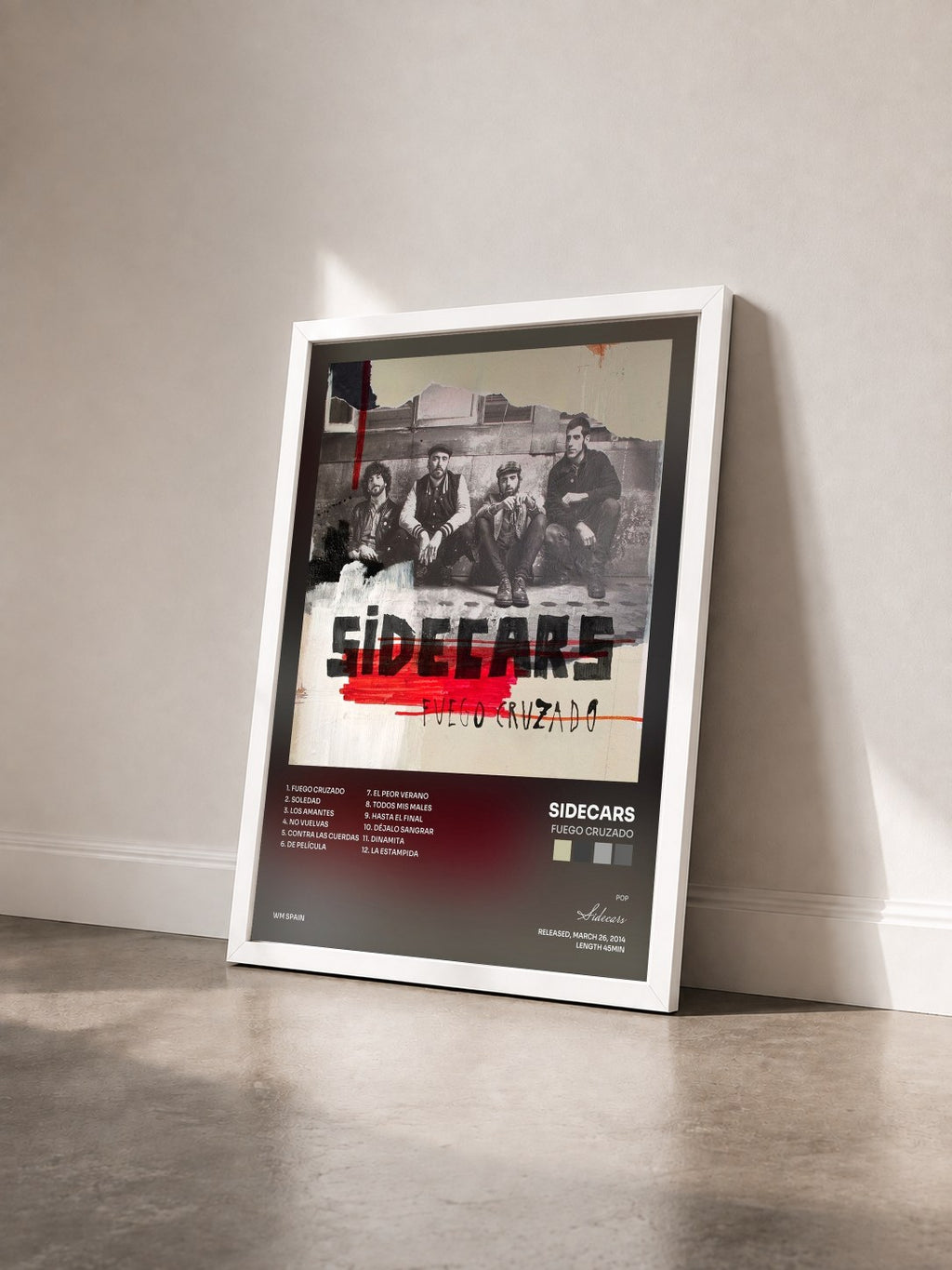 #blanc Tableau de l'album Fuego cruzado de Sidecars vu de trois quarts, cadre blanc